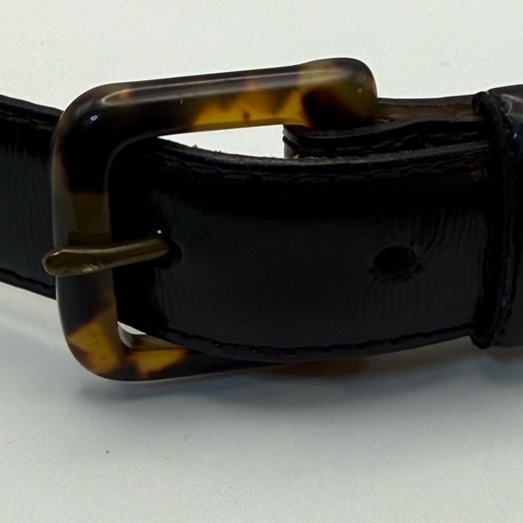 Vintage J.Crew Black Leather Belt Size 27 Made in USA Tortoise Buckle - Picture 2 of 10